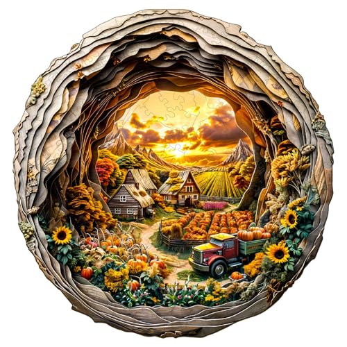 Funnli Holzpuzzle für Erwachsene, 3D Vision in der Höhle Holzpuzzle für Erwachsene und Kinder (3D Herbstfarm-2), Holzpuzzle mit Holzgeschenkbox von Funnli