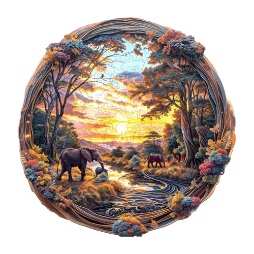 Funnli Holzpuzzles für Erwachsene und Kinder,Einzigartige Tierförmige Holz-Puzzle (Elefant bei Sonnenuntergang-1), Puzzle aus Tierteilen von Funnli