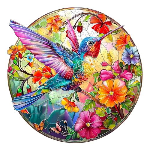 Funnli Holzpuzzles für Erwachsene und Kinder,Einzigartige Tierförmige Holz-Puzzle (Glasmalerei-Kolibri-2), Puzzle aus Tierteilen von Funnli