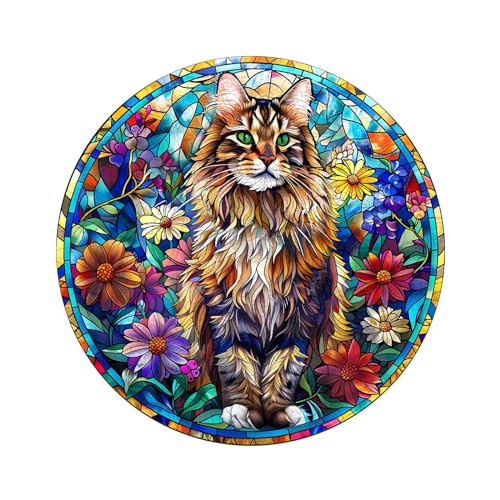 Funnli Holzpuzzles für Erwachsene und Kinder,Einzigartige Tierförmige Holz-Puzzle (Glasmalerei Maine Coon), Puzzle aus Tierteilen von Funnli