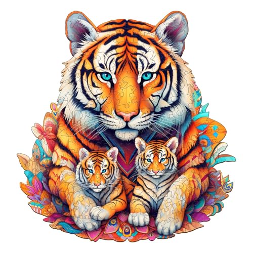 Funnli Holzpuzzles für Erwachsene und Kinder,Einzigartige Tierförmige Holz-Puzzle (Tiger-Familie), Puzzle aus Tierteilen (L-33.2 * 35cm-270 Stück) von Funnli