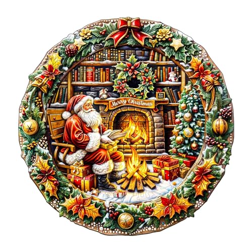 Funnli Holzpuzzles für Erwachsene und Kinder,Einzigartige Tierförmige Holz-Puzzle (Weihnachtsmann am Kamin), Puzzle aus Tierteilen von Funnli