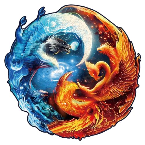 Funnli Holzpuzzles für Erwachsene und Kinder,Einzigartige Tierförmige Holz-Puzzle (Yinyang Drache und Phönix), Puzzle aus Tierteilen von Funnli