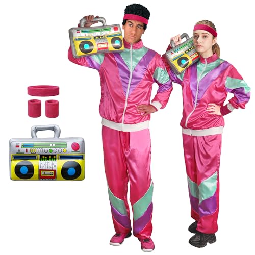 Funlot 80er Jahre Outfit Damen Herren - 6pcs KostüM 80er Jahre 80er Trainingsanzug KostüMe für Erwachsene Karneval KostüM Damen Paar Retro Jacke 80er Jahre Outfit Herren Damen Pink L von Funnlot