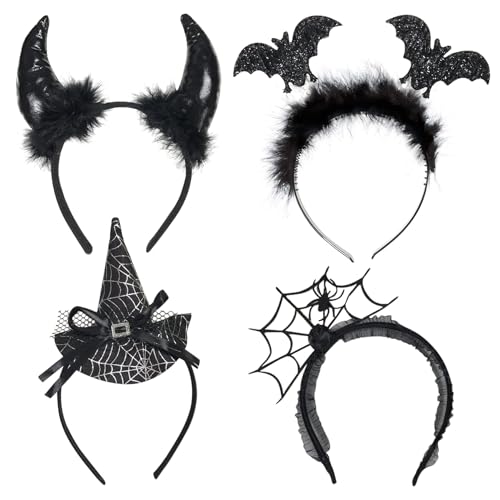 Funnlot 4 Stück Halloween Haarreif,Teufelshörner Haarreif,Fledermaus Haarreif,Hexenhut Haarreif Damen Schwarz Kopfschmuck für Halloween Karneval Fasching von Funnlot