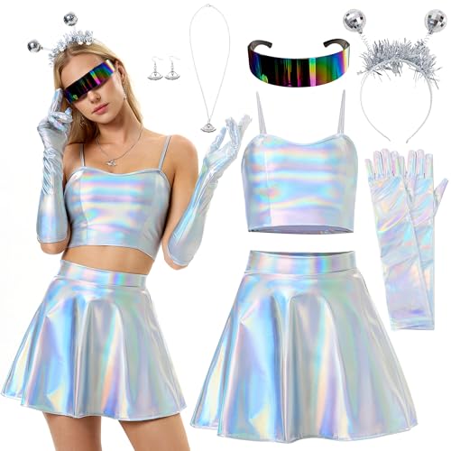 Funnlot Alien Kostüm Set, 7 Stück Alien Kostüm Damen Karneval Kostüm Set, Metallisch Crop Top mit Minirock,Space Kostüm Damen Accessoires Set für Fasching Party, L von Funnlot