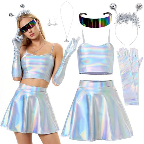 Funnlot Alien Kostüm Set, 7 Stück Alien Kostüm Damen Karneval Kostüm Set, Metallisch Crop Top mit Minirock,Space Kostüm Damen Accessoires Set für Fasching Party, M von Funnlot