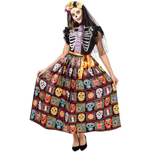 Funnlot Dia de los Muertos Kostüm Damen,Tag der Toten Kostüm Damen Halloween Kostüm Skelett Kleid mit Halloween Gesicht Tattoos L von Funnlot