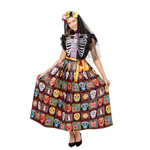 Funnlot Dia de los Muertos Kostüm Damen,Tag der Toten Kostüm Damen Halloween Kostüm Skelett Kleid mit Halloween Gesicht Tattoos S von Funnlot