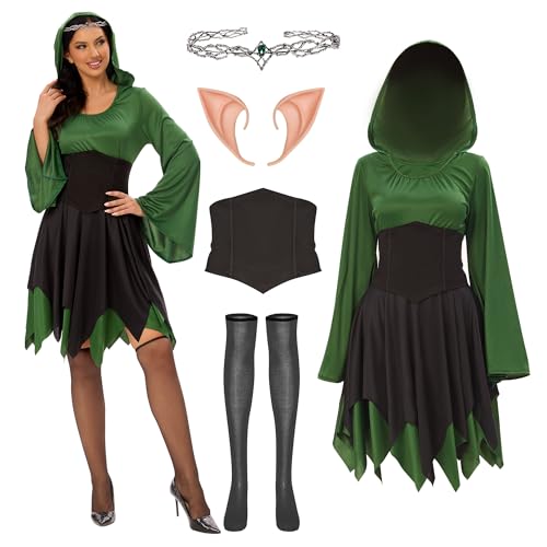 Funnlot Elfen Kostüm Damen, Mittelalter Kostüm Damen Gothic Kleidung Damen, Feen Kostüm Damen mit Elfenohren, Kopf Kette, Overknee Socken für Karneval Kostüm Cosplay, Grün L von Funnlot