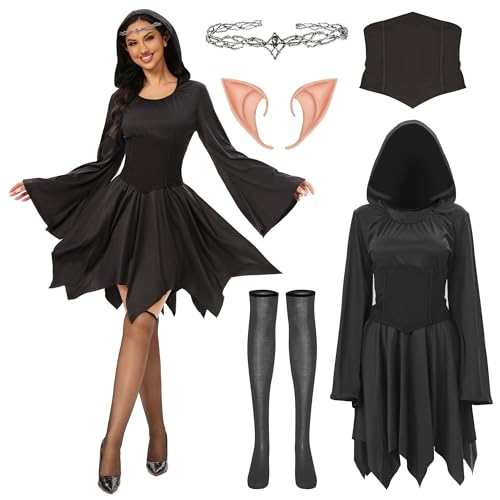 Funnlot Elfen Kostüm Damen, Mittelalter Kostüm Damen Gothic Kleidung Damen, Feen Kostüm Damen mit Elfenohren, Kopf Kette, Overknee Socken für Karneval Kostüm Cosplay, Schwarz L von Funnlot