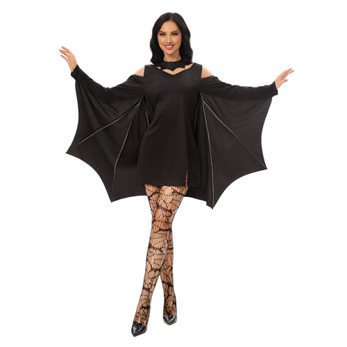 Funnlot Fledermaus Kostüm Damen,Halloween Kostüm Damen Fledermaus Kleid mit Netzstrümpfe Schwarz Faschingskostüme Damen für Halloween Karneval L von Funnlot