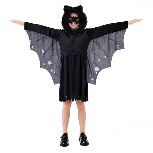 Funnlot Fledermaus Kostüm Kinder,Halloween Kostüm Mädchen 2Pcs Set Fledermaus Kleid mit Maske Faschingskostüme Kinder für Halloween L(10-12 Jahre) von Funnlot