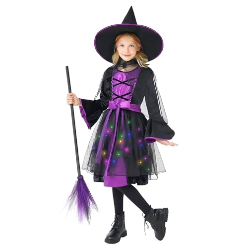 Funnlot Hexenkostüm Kinder, Faschingskostüme Mädchen mit Hexenkleid Hexenhut Hexen Besen Karneval Kostüm Kinder für Fasching L von Funnlot