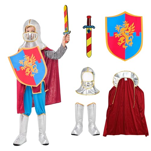 Funnlot Ritter Kostüm Kinder, Faschingskostüme Kinder Jungen 7Pcs Set Ritter Karneval Kostüm Kinder Mittelalter Ritterkostüm für Karneval Fasching L(7-8 Jahre) von Funnlot