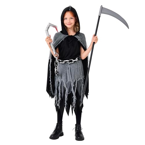 Funnlot Sensenmann Kostüm Kinder Mädchen,Halloween Kostüm Mädchen Gruselig Kostüme mit Sense Scream Kostüm für Karneval Fasching L(9-10 Jahre) von Funnlot