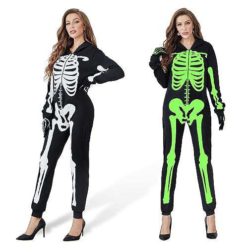 Funnlot Skelett Kostüm Damen Halloween Kostüm Fasching Karneval Leuchtend Skelett Jumpsuit Overall mit Skelett Handschuhe XL(42-44) von Funnlot