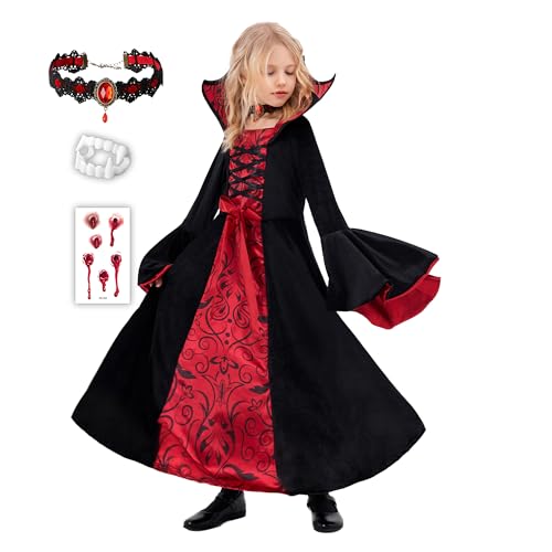 Funnlot Vampir Kostüm Mädchen Gothic Halloween Kostüm Kleid mit Vampir Zähne Kinder Karneval Fasching Kostüme Cosplay S(4-6 Jahre) von Funnlot