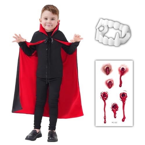 Funnlot Vampir Umhang Kinder,Halloween Umhang Kinder 3Pcs Set Vampir Kostüm mit Vampirzähne Tattoo Schwarzer Umhang für Fasching Karneval von Funnlot