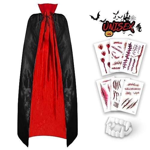 Funnlot Vampir Umhang - Vampir Kostüm Damen 8Pcs Set Schwarz Umhang Vampir Zähne Tattoo Halloween Kostüm Herren Damen von Funnlot