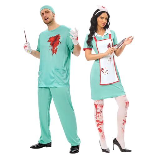 Funnlot Zombie Krankenschwester Kostüm, Blutige Partner Kostüm Halloween Krankenschwester Kostüm Arzt Kostüm für Halloween Karneval Fasching Arzt L von Funnlot