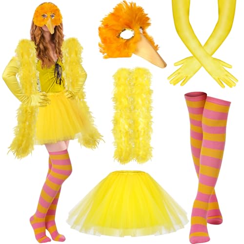 Funnysoft 5 Stück Halloween Vogelkostüm Erwachsene Frauen Vogelkostüm Zubehör Vogelmaske Gelbe Feder Boa Tüll Röcke Gestreifte Oberschenkelhohe Socken Handschuhe für Cosplay Party von Funnysoft