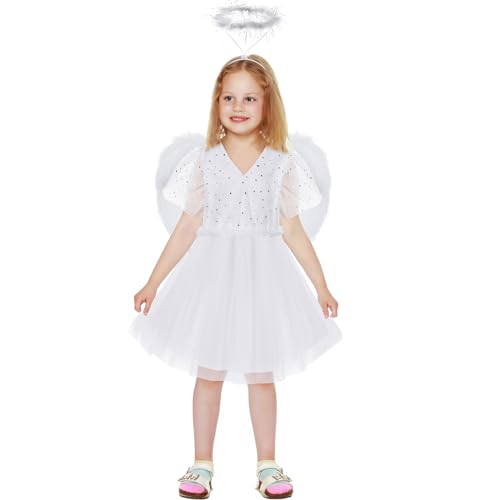 Funnysoft Engelskostüm für Mädchen, Fee, weißes Kleid, Federflügel, Stirnband für Halloween, Cosplay, Party (6–7 Jahre), 3 Stück von Funnysoft