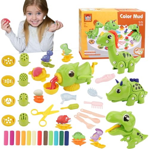 Funrelaxer Dinosaurier Knete Set für Kleinkinder mit 12 Teigpackungen, Pädagogisches STEM Lernspielzeug mit 43 Zubehörteilen, DIY Spielteig-Set, Kinder 3-5 Jahre von Funrelaxer