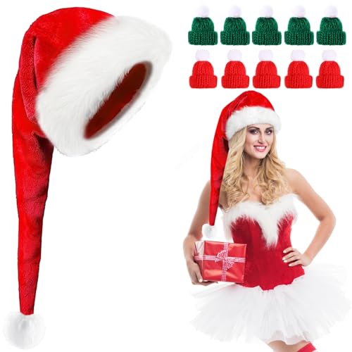 Weihnachtsmütze Lang, Nikolausmütze Lang Rot, Lange Weihnachtsmütze mit 10 Mini Weihnachtsmützen, Plüsch Weihnachtsmann Mütze mit Dicker Fellrand für Weihnachtsfeier, Partys, Cosplay und Festen von Funrelaxer