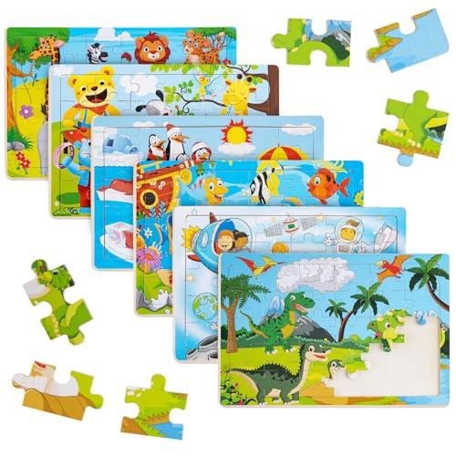 Funsland Holzpuzzle 3 Jahr, 6 Stück Montessori Kinderpuzzle Holzspielzeug, Lernspielzeug Pädagogisches Spielzeug Cartoon Tiere Gemüse Früchte Holzpuzzle Geschenk Spielzeug ab 3 4 Jahr von Funsland