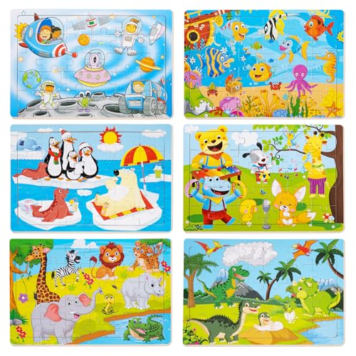 Funsland Holzpuzzle 3 Jahr, 6 Stück Montessori Kinderpuzzle Holzspielzeug, Lernspielzeug Pädagogisches Spielzeug Cartoon Tiere Gemüse Früchte Holzpuzzle Geschenk Spielzeug ab 3 4 Jahr von Funsland