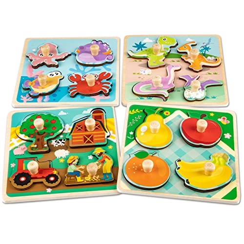 Funsland Holzpuzzle Holzspielzeug für Kinder, 4 Stück Montessori Baby Puzzle mit Griff, Lernspielzeug Pädagogisches Spielzeug Cartoon Tiere Holzpuzzle Geschenk Montessori Spielzeug ab 1 2 3 Jahr von Funsland