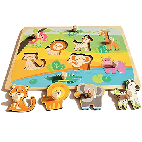 Funsland Holzpuzzle Holzspielzeug für Kinder, Montessori Baby Puzzle mit Griff, Lernspielzeug Pädagogisches Spielzeug Cartoon Tiere Holzpuzzle Geschenk Montessori Spielzeug ab 1 2 3 Jahr von Funsland