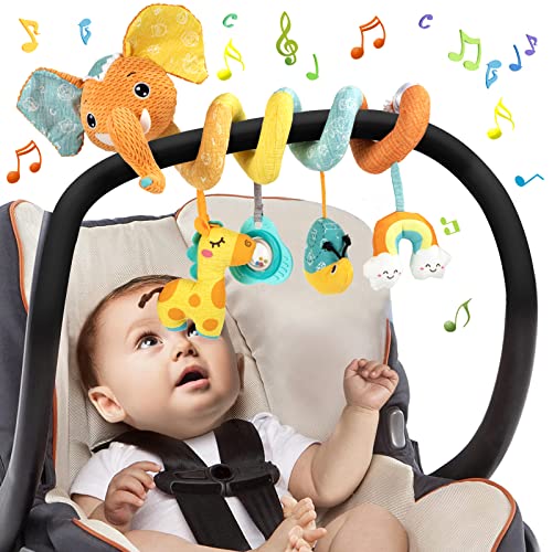 Funsland Kinderwagen Spielzeug, Baby Activity Spirale Spielzeug mit Musik, Hängendes Spiral Plüsch Spielzeug für Kinderbett/Autositz/Babyschale, Neugeborene Geschenk für Baby 0 3 6 12 Monate, Orange von Funsland