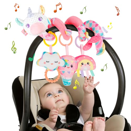 Funsland Kinderwagen Spielzeug, Baby Activity Spirale Spielzeug mit Musik, Hängendes Spiral Plüsch Spielzeug für Kinderbett/Autositz/Babyschale, Neugeborene Geschenk für Baby 0 3 6 12 Monate, Rosa von Funsland