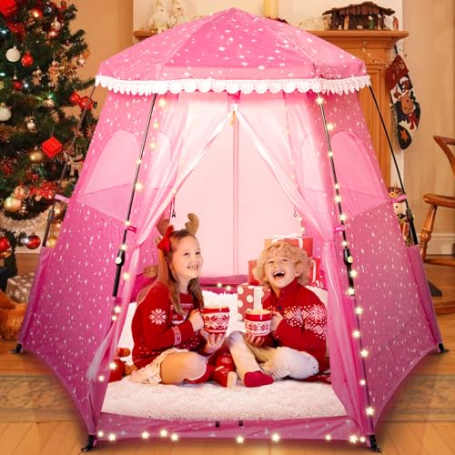 Funsland Prinzessin Kinderzelt für Drinnen, Groß Rosa Sterne Pop Up Spielzelt Mädchen, 200x99x135cm Kinder Spielzelt für Zimmer, Spielhaus Kinder, Baby Zelt Outdoor mit Grasnägeln und Strandnägeln von Funsland