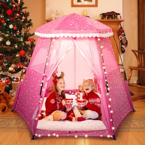 Funsland Prinzessin Kinderzelt für Drinnen, Groß Rosa Sterne Pop Up Spielzelt Mädchen, 200x99x135cm Kinder Spielzelt für Zimmer, Spielhaus Kinder, Baby Zelt Outdoor mit Grasnägeln und Strandnägeln von Funsland