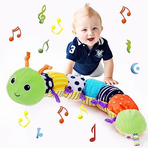 Funsland Raupe Musikspielzeug Baby 6 Monate, Plüschtier Spielzeug Mit Lineal, Klingelton und Multisensorischen Falten, Rassel Baby, Bauchzeit Neugeborene Geschenke für Babys 0 3 6 9 12 Monate, Grün von Funsland