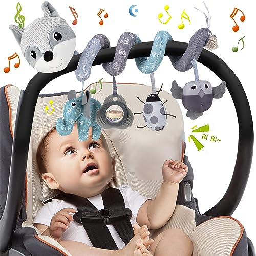 Funsland Kinderwagen Spielzeug, Baby Activity Spirale Spielzeug mit Musik, Hängendes Spiral Plüsch Spielzeug für Kinderbett/Autositz/Babyschale, Neugeborene Geschenk für Baby 0 3 6 12 Monate, Grau von Funsland