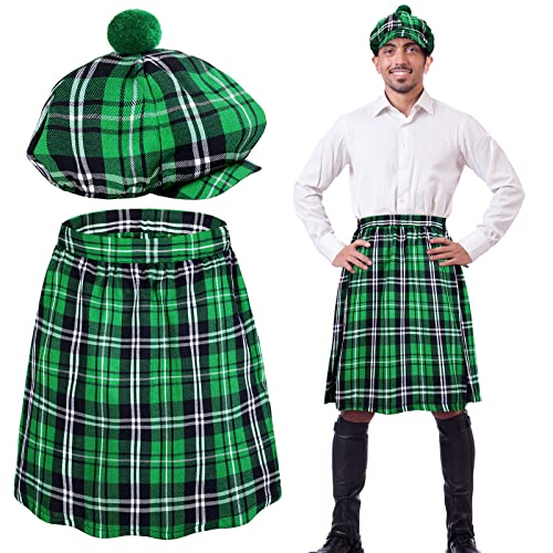 Funtery 2 Stück Irish Plaid Grün Kilt Scottish Tam mit Pompon Set Tartan Rock Kilts Kleidung St Patrick's Days Schottischer Hut für Damen Herren von Funtery