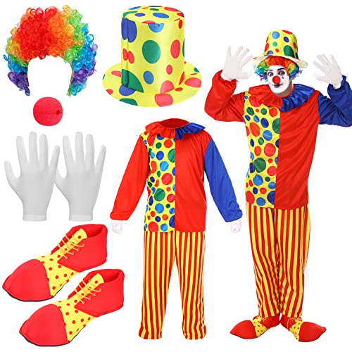 7-teiliges Clown-Kostüm-Set enthält Clown-Kostüm, Clownschuhe, Clownsnase, Hut, Clown-Perücke, Handschuhe für Erwachsene, Clown-Kostüme (Größe M) von Funtery