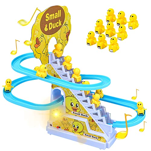 Kleine Ente, Klettertreppen-Spielzeug, elektrische Ente Achterbahn-Spielzeug-Set mit blinkenden LED-Lichtern und Musik, Entenbahn, Rutschenspielzeug, Rennbahn-Set für Kinder (9 Enten) von Funvalley Surperfect