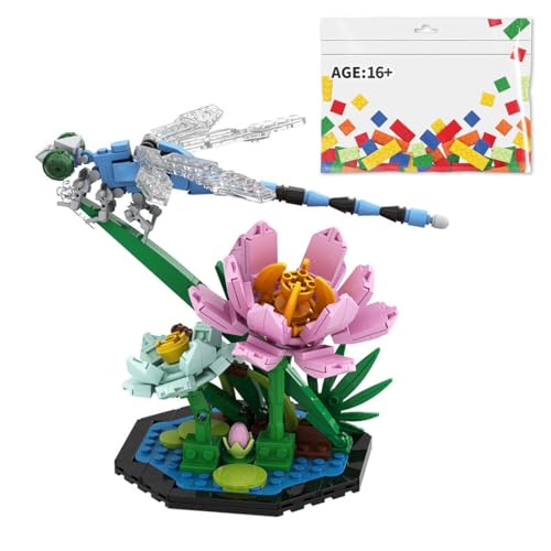Funwetrike Insekt Serie Bausteine Spielzeug, Libelle mit Blumen Stapel Blöcke Set, Kreative Geschenk für Erwachsene von Funwetrike