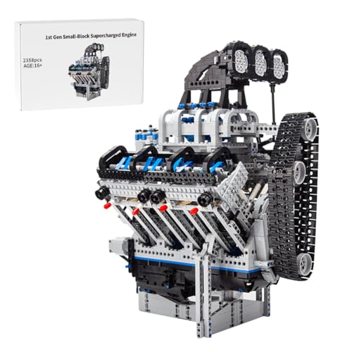 Funwetrike V8 Motor Bausteine, Die erste Generation 400 cu Small Block Supercharged V8 Motor, Sammlerstück MOC Motor Modell zu Bauen und zu Zeigen, Großes Geschenk für Erwachsene (2358PCS) von Funwetrike