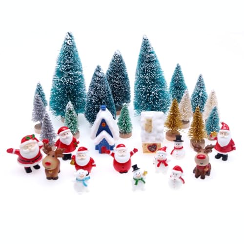 Funwetrike Weihnachten Miniatur-Figuren, Mini-Weihnachtsbäume mit Santa, Schneemänner, Rentiere Clause Ornament für DIY Weihnachtsdekoration Fairy Garden und Schneekugeln (30Pcs) von Funwetrike