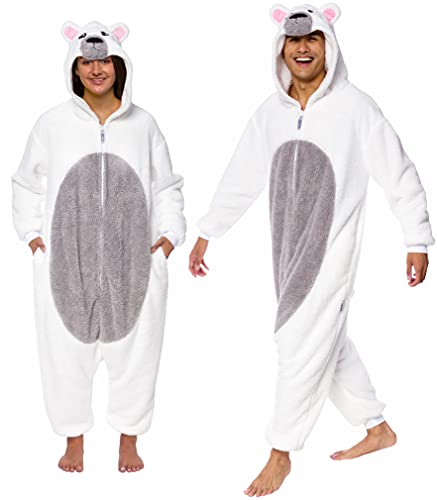 Funziez! Sherpa Bear Erwachsene Onesie Tier Halloween Kostüm Plüsch Teddy Einteiler Cosplay Anzug für Erwachsene Frauen Männer, eisbär, L von Funziez!