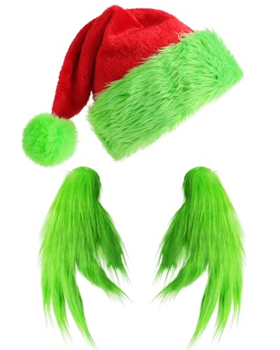 Weihnachtsmütze mit grünen pelzigen Handschuhen Erwachsene Monster Cosplay Kostüm Zubehör, Grüne Krempe, Einheitsgröße von Furutonhe