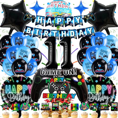 Gamer Deko Geburtstag Junge, Gamer Geburtstagsdeko 11Jahre, Luftballons Videospiel Geburtstagsdeko, Videospiel Party Deko mit Gamecontroller Folienballon,Happy Birthday Banner Schwarz Blau Ballons Set von Fusi Di