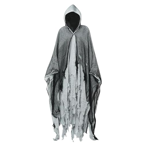 Fuuxtci Umhang Mit Kapuze Lange Cape Vampir Kostüm Halloween Erwachsener, Halloween Geister Kostüm Erwachsene Gruselige Halloween Umhang Mit Kapuze Geist Cape Outfit Für Herren Damen von Fuuxtci