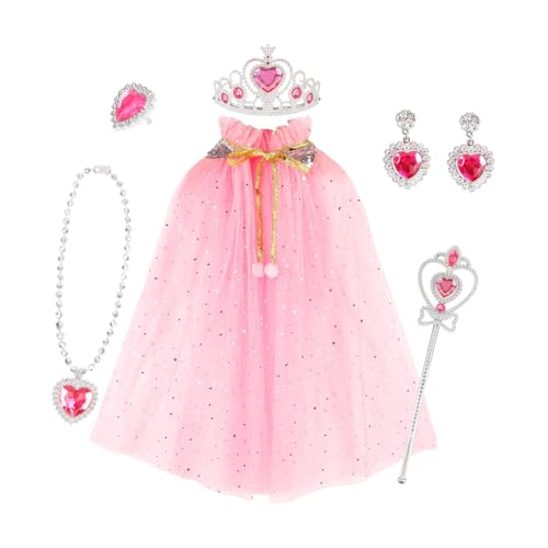 Fuwraixis Mädchen Dress Up Set, Prinzessin Mantel, Zauberstab, weibliche Krone, Königin Halskette, Ohrringe, Ring, Kinder Rollenspiel 7 Stück Set, Schmuck-Set, Geschenke für Mädchen von Fuwraixis